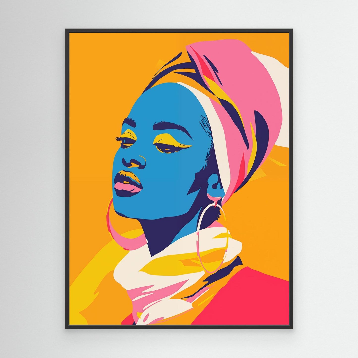 Got the blues for you" de Printumo est un portrait pop art saisissant d'une femme à la peau bleue avec un maquillage des yeux jaune, des lèvres roses, des boucles d'oreilles et un foulard coloré sur un fond orange - un décor prêt à accrocher pour les espaces audacieux.