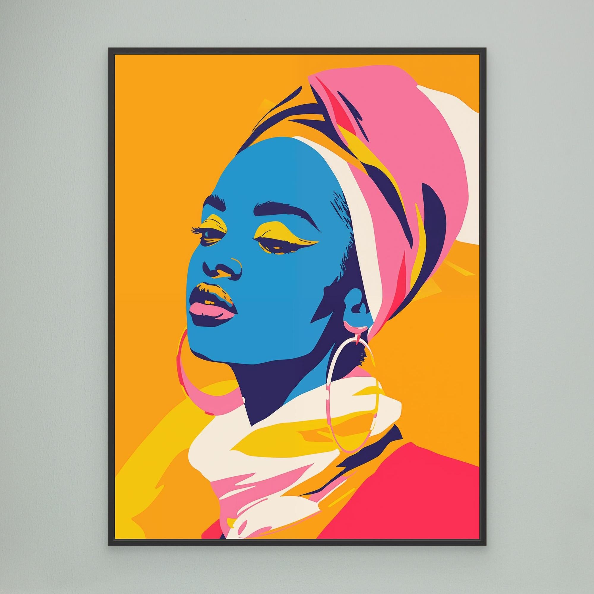 Got the blues for you" de Printumo est un portrait pop art audacieux représentant une femme à la peau bleue avec un maquillage des yeux jaune et un bandeau rose-jaune sur un fond orange. Encadré et prêt à être accroché, il est parfait pour tout mur gris clair.