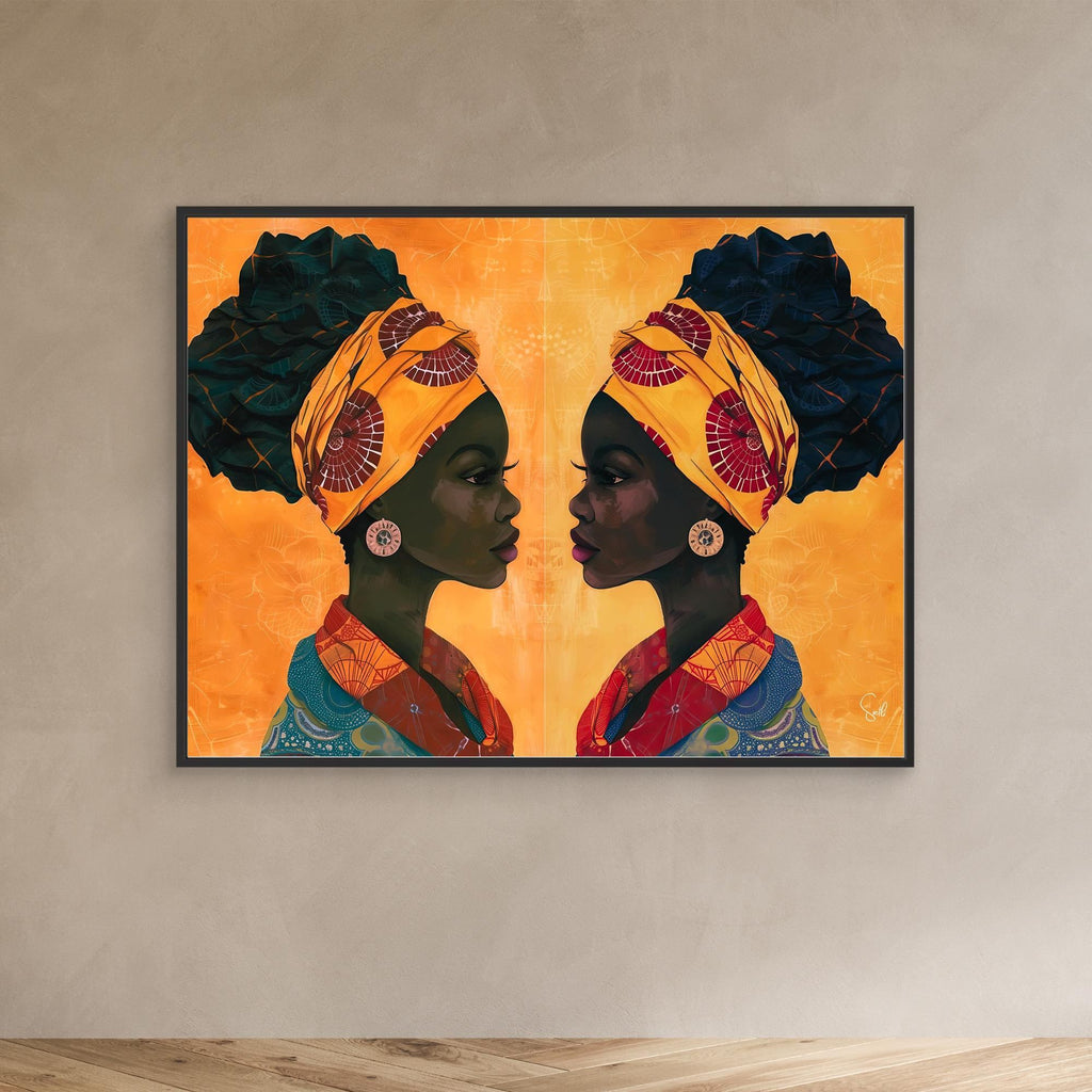 Sandy and Sangria African art canvas print with a black frame on sand colored wall
