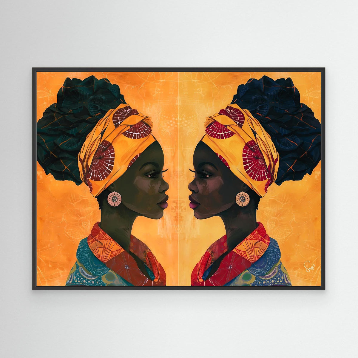 Sandy and Sangria African art canvas print black framed on white wall
