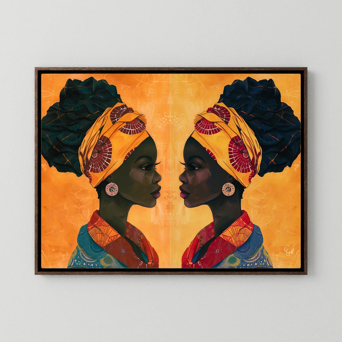 Sandy and Sangria African art canvas print with dark frame on a living room wall